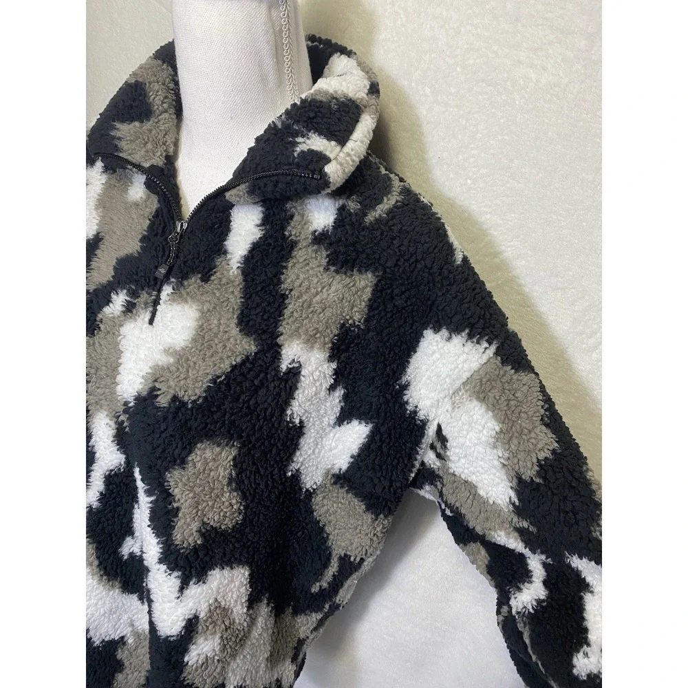 Eddie Bauer Fleece Pullover Women Size XL Black Camo Plush 1/4 Zip Soft Jacket